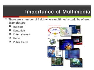 Importance of Multimedia
 There are a number of fields where multimedia could be of use.
   Examples are:-
    Business
    Education
    Entertainment
    Home
    Public Places
 
