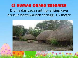C) Rumah Orang Bushmen
  Dibina daripada ranting-ranting kayu
disusun bentukkubah setinggi 1.5 meter
 