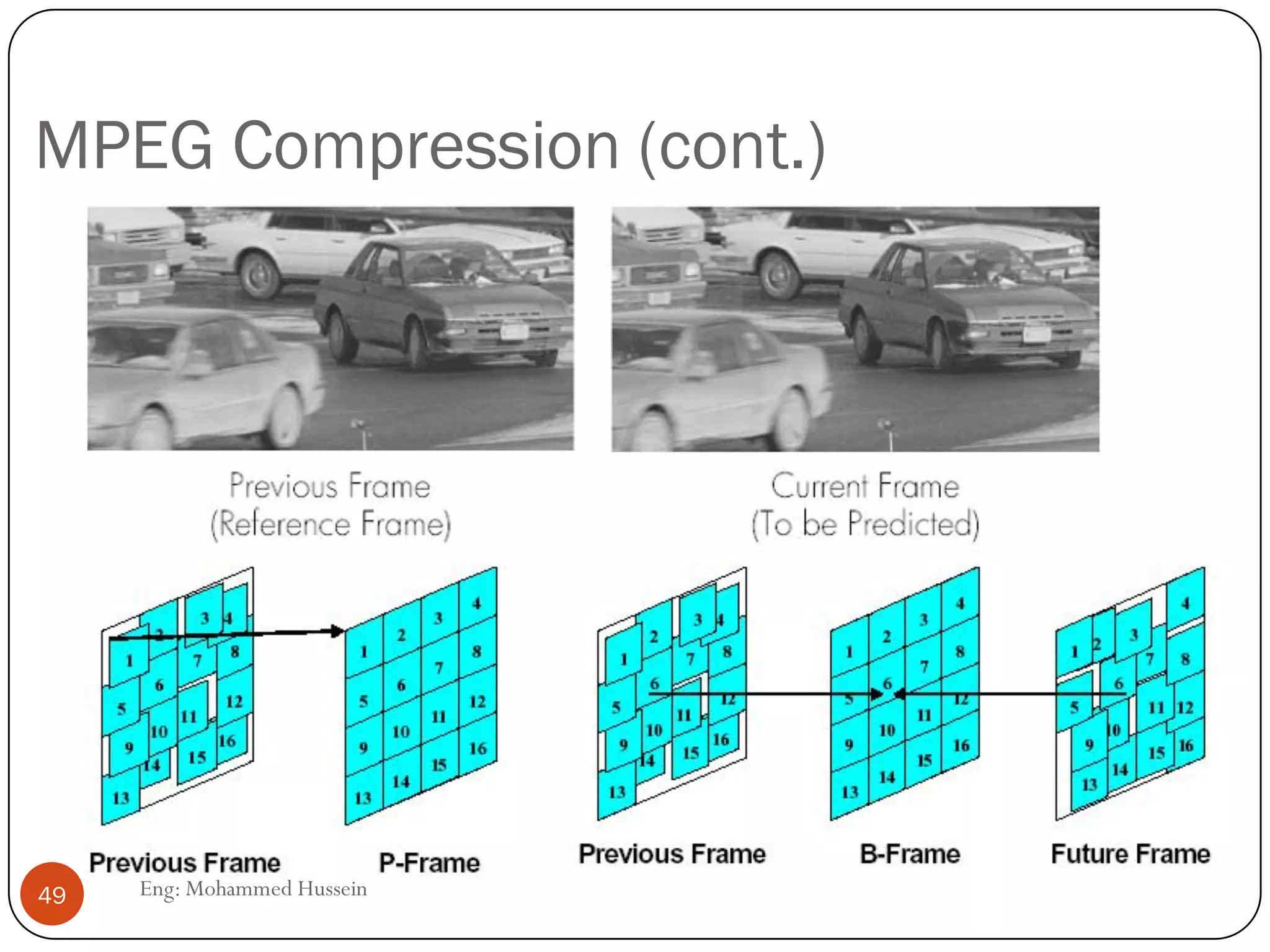 Image compression: JPEG
 Divide digitized image in 8x8 pixel blocks
 Pixel blocks are transformed into frequency blocks using DCT
(Discrete CosineTransform).This is similar to FFT (Fast
FourierTransform).
 The quantization phase limits the precision of the frequency
coefficient.
 The encoding phase packs this information in a dense fashion
49 Eng: Mohammed Hussein
DCT
 