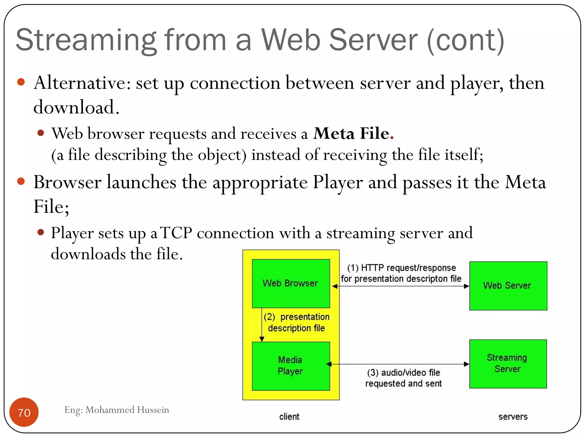 RTP packet format
 PayloadType: 7 bits, providing 128 possible different types
of encoding; eg PCM, MPEG2 video, etc.
 Sequence Number: 16 bits; used to detect packet loss
 Timestamp: 32 bytes; gives the sampling instant of the first
audio/video byte in the packet; used to remove jitter
introduced by the network
 Synchronization Source identifier (SSRC): 32 bits; an id
for the source of a stream; assigned randomly by the source
70 Eng: Mohammed Hussein
 