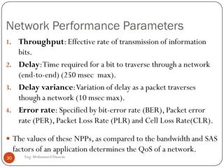 SAS Factors for Video
 Delay and jitter
Required less than 50 ms for HDTV
Less than 100 ms for broadcast qualityTV
Less than 500 ms for video conference
 Error rate
Required less than 0.000001 for HDTV
Less than 0.00001 for broadcastTV
Less than 0.0001 for video conference
30 Eng: Mohammed Hussein
 