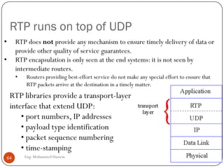 Recovering from packet loss
Forward Error Correction
 Send redundant encoded chunk every n chunks (XOR original
n chunks)
 If 1 packet in this group lost, can reconstruct
 If >1 packets lost, cannot recover
 Disadvantages
 The smaller the group size, the larger the overhead
 Playout delay increased
64 Eng: Mohammed Hussein
 
