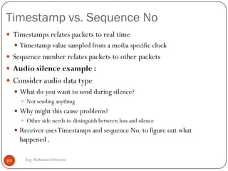 Recovering from packet loss Piggybacking
Lo-fi stream
 With one redundant low quality chunk per chunk, scheme can recover
from single packet losses
65 Eng: Mohammed Hussein
 