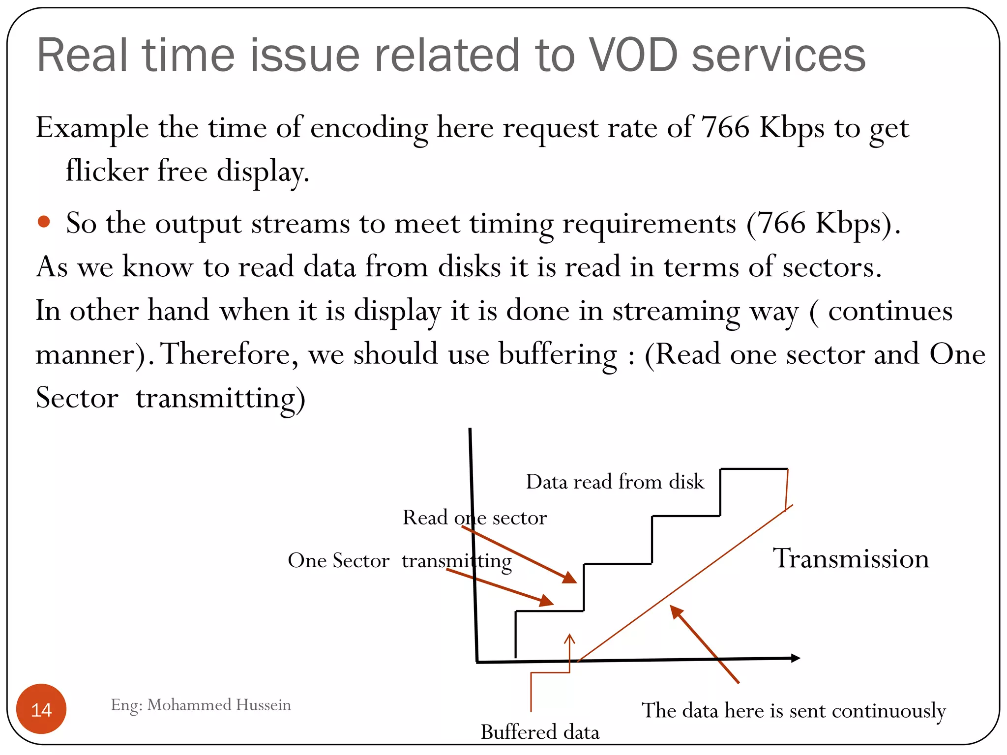 Real time issue related to VOD services
Example the time of encoding here request rate of 766 Kbps to get
flicker free display.
 So the output streams to meet timing requirements (766 Kbps).
As we know to read data from disks it is read in terms of sectors.
In other hand when it is display it is done in streaming way ( continues
manner).Therefore, we should use buffering : (Read one sector and One
Sector transmitting)
Read one sector
One Sector transmitting
The data here is sent continuously
Data read from disk
Transmission
Buffered data
14 Eng: Mohammed Hussein
 