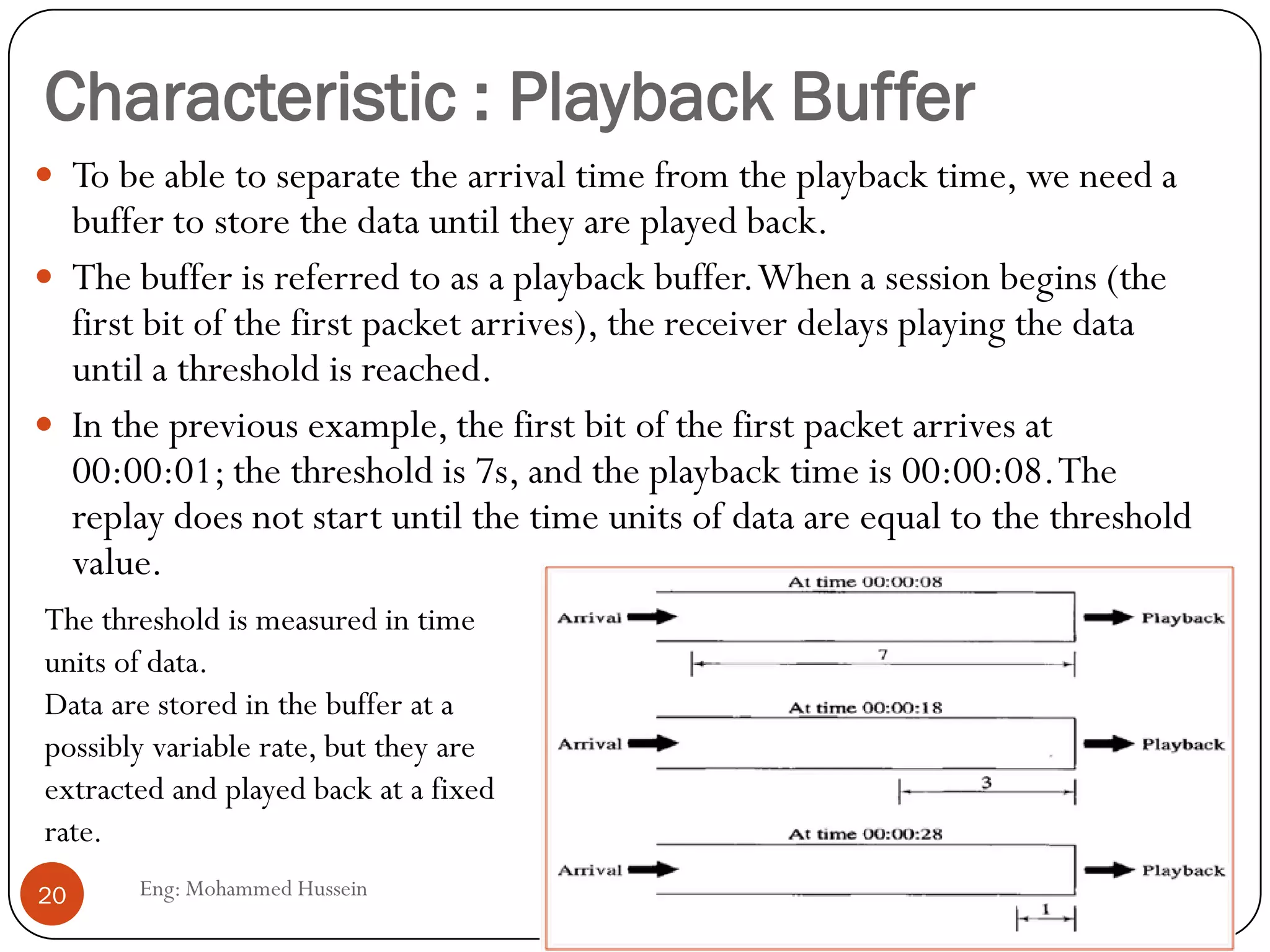 Characteristic : Playback Buffer
Eng: Mohammed Hussein20
 To be able to separate the arrival time from the playback time, we need a
buffer to store the data until they are played back.
 The buffer is referred to as a playback buffer.When a session begins (the
first bit of the first packet arrives), the receiver delays playing the data
until a threshold is reached.
 In the previous example, the first bit of the first packet arrives at
00:00:01; the threshold is 7s, and the playback time is 00:00:08.The
replay does not start until the time units of data are equal to the threshold
value.
The threshold is measured in time
units of data.
Data are stored in the buffer at a
possibly variable rate, but they are
extracted and played back at a fixed
rate.
 