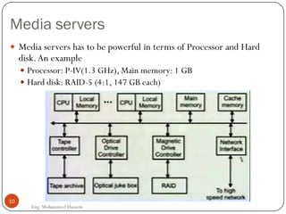 Media servers
Eng: Mohammed Hussein
10
 Media servers has to be powerful in terms of Processor and Hard
disk.An example
 Processor: P-IV(1.3 GHz), Main memory: 1 GB
 Hard disk: RAID-5 (4:1, 147 GB each)
 