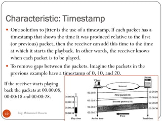 Characteristic: Timestamp
Eng: Mohammed Hussein19
 One solution to jitter is the use of a timestamp. If each packet has a
timestamp that shows the time it was produced relative to the first
(or previous) packet, then the receiver can add this time to the time
at which it starts the playback. In other words, the receiver knows
when each packet is to be played.
 To remove gaps between the packets. Imagine the packets in the
previous example have a timestamp of 0, 10, and 20.
If the receiver starts playing
back the packets at 00:00:08,
00:00:18 and 00:00:28.
 