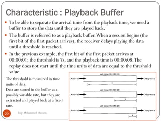 Characteristic : Playback Buffer
Eng: Mohammed Hussein20
 To be able to separate the arrival time from the playback time, we need a
buffer to store the data until they are played back.
 The buffer is referred to as a playback buffer.When a session begins (the
first bit of the first packet arrives), the receiver delays playing the data
until a threshold is reached.
 In the previous example, the first bit of the first packet arrives at
00:00:01; the threshold is 7s, and the playback time is 00:00:08.The
replay does not start until the time units of data are equal to the threshold
value.
The threshold is measured in time
units of data.
Data are stored in the buffer at a
possibly variable rate, but they are
extracted and played back at a fixed
rate.
 