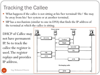 Tracking the Callee
Eng: Mohammed Hussein26
 What happens if the callee is not sitting at his/her terminal? He/ She may
be away from his/ her system or at another terminal.
 SIP has a mechanism (similar to one in DNS) that finds the IP address of
the terminal at which the callee is sitting.
DHCP of Callee may
not have permanent
IP. So to track the
callee the register is
used.The register
replays and provides
IP address.
 