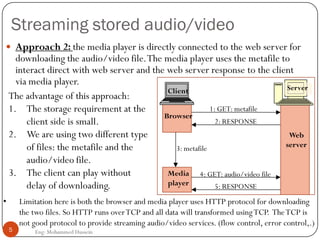 Streaming stored audio/video
 Approach 2: the media player is directly connected to the web server for
downloading the audio/video file.The media player uses the metafile to
interact direct with web server and the web server response to the client
via media player.
The advantage of this approach:
1. The storage requirement at the
client side is small.
2. We are using two different type
of files: the metafile and the
audio/video file.
3. The client can play without
delay of downloading.
• Limitation here is both the browser and media player uses HTTP protocol for downloading
the two files. So HTTP runs overTCP and all data will transformed usingTCP. TheTCP is
not good protocol to provide streaming audio/video services. (flow control, error control,.)
5 Eng: Mohammed Hussein
1: GET: metafile
2: RESPONSE
Media
player
3: metafile
Web
server
Server
Browser
Client
5: RESPONSE
4: GET: audio/video file
 