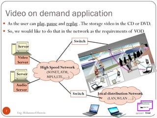 Video on demand application
 As the user can play, pause and replay .The storage video in the CD or DVD.
 So, we would like to do that in the network as the requirements of VOD
7
Eng: Mohammed Hussein
Video
Server
Server
Audio
Server
Server
Switch
High Speed Network
(SONET,ATM,
MPLS,LTE, …)
Local distribution Network
(LAN,WLAN …)
Switch
 