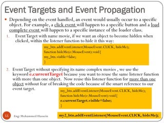 Event Targets and Event Propagation
Eng: Mohammed Hussein11
 Depending on the event handled, an event would usually occur to a specific
object. For example, a click event will happen to a specific button and a load
complete event will happen to a specific instance of the loader class.
1. EventTarget with name movie, if we want an object to become hidden when
clicked, within the listener function to hide it this way:
2. EventTarget without specifying its name complex movies , we use the
keyword e.currentTarget because you want to reuse the same listener function
with more than one object. Now reuse this listener function for more than one
object without fear of breaking the code because of the smart reference to our
event target.
my_btn.addEventListener(MouseEvent.CLICK, hideMe);
function hideMe(e:MouseEvent):void{
my_btn.visible=false;
}
my_btn.addEventListener(MouseEvent.CLICK, hideMe);
function hideMe(e:MouseEvent):void{
e.currentTarget.visible=false;
}
my2_btn.addEventListener(MouseEvent.CLICK, hideMe);
 