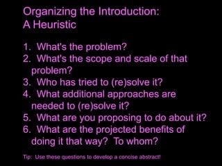 1. What's the problem?
2. What's the scope and scale of that
problem?
3. Who has tried to (re)solve it?
4. What additional approaches are
needed to (re)solve it?
5. What are you proposing to do about it?
6. What are the projected benefits of
doing it that way? To whom?
Tip: Use these questions to develop a concise abstract!
Organizing the Introduction:
A Heuristic
 