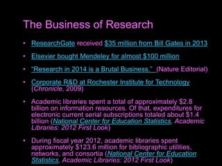 • ResearchGate received $35 million from Bill Gates in 2013
• Elsevier bought Mendeley for almost $100 million
• “Research in 2014 is a Brutal Business.” (Nature Editorial)
• Corporate R&D at Rochester Institute for Technology
(Chronicle, 2009)
• Academic libraries spent a total of approximately $2.8
billion on information resources. Of that, expenditures for
electronic current serial subscriptions totaled about $1.4
billion (National Center for Education Statistics, Academic
Libraries: 2012 First Look)
• During fiscal year 2012, academic libraries spent
approximately $123.6 million for bibliographic utilities,
networks, and consortia (National Center for Education
Statistics, Academic Libraries: 2012 First Look)
The Business of Research
 