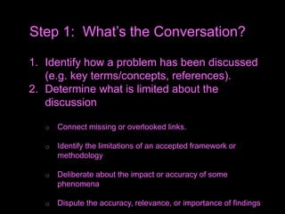 1. Identify how a problem has been discussed
(e.g. key terms/concepts, references).
2. Determine what is limited about the
discussion
o Connect missing or overlooked links.
o Identify the limitations of an accepted framework or
methodology
o Deliberate about the impact or accuracy of some
phenomena
o Dispute the accuracy, relevance, or importance of findings
Step 1: What’s the Conversation?
 