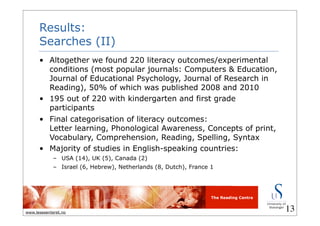 The Reading Centre
www.lesesenteret.no
Results:
Searches (II)
• Altogether we found 220 literacy outcomes/experimental
conditions (most popular journals: Computers & Education,
Journal of Educational Psychology, Journal of Research in
Reading), 50% of which was published 2008 and 2010
• 195 out of 220 with kindergarten and first grade
participants
• Final categorisation of literacy outcomes:
Letter learning, Phonological Awareness, Concepts of print,
Vocabulary, Comprehension, Reading, Spelling, Syntax
• Majority of studies in English-speaking countries:
– USA (14), UK (5), Canada (2)
– Israel (6, Hebrew), Netherlands (8, Dutch), France 1
13
 