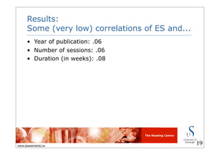 The Reading Centre
www.lesesenteret.no
Results:
Some (very low) correlations of ES and...
• Year of publication: .06
• Number of sessions: .06
• Duration (in weeks): .08
19
 