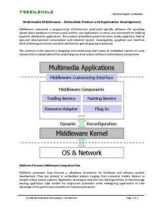 Technical Insights - Embedded

Multimedia Middleware - Embedded Product and Application development
Middleware represents a programming infrastructure positioned typically between the operating
system (bare hardware in certain cases) and the user applications. It serves as a framework for building
(typically distributed) applications. The modern embedded system has been widely applied in field of
personal entertainment consumption and industrial control. Consequently, graphical user interface
(GUI) technology as human-machine interface has gained growing importance.
The common in the industry is designing and customizing these types of embedded systems in some
manner that is independent of the underlying low-level system software and hardware components.

Multicore Processor Middleware Integration Flow
Multicore processors have become a ubiquitous foundation for hardware and software product
development. They are present in embedded systems ranging from consumer mobile devices to
mission-critical avionic systems. Application developers now face the challenge of how to best leverage
existing application code written for single-core processors when redesigning applications to take
advantage of the performance benefits of multicore processors

FossilShale Embedded Technologies – Confidential

Page 1 of 3

 