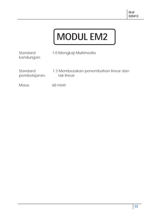 Draf
020413
32
Standard
kandungan:
1.0 Mengkaji Multimedia
Standard
pembelajaran:
1.3 Membezakan persembahan linear dan
tak linear
Masa: 60 minit
MODUL EM2
 