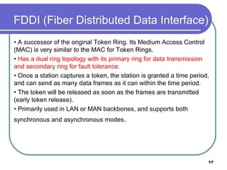 FDDI (Fiber Distributed Data Interface)
• A successor of the original Token Ring. Its Medium Access Control
(MAC) is very similar to the MAC for Token Rings.
• Has a dual ring topology with its primary ring for data transmission
and secondary ring for fault tolerance.
• Once a station captures a token, the station is granted a time period,
and can send as many data frames as it can within the time period.
• The token will be released as soon as the frames are transmitted
(early token release).
• Primarily used in LAN or MAN backbones, and supports both
synchronous and asynchronous modes.
17
 