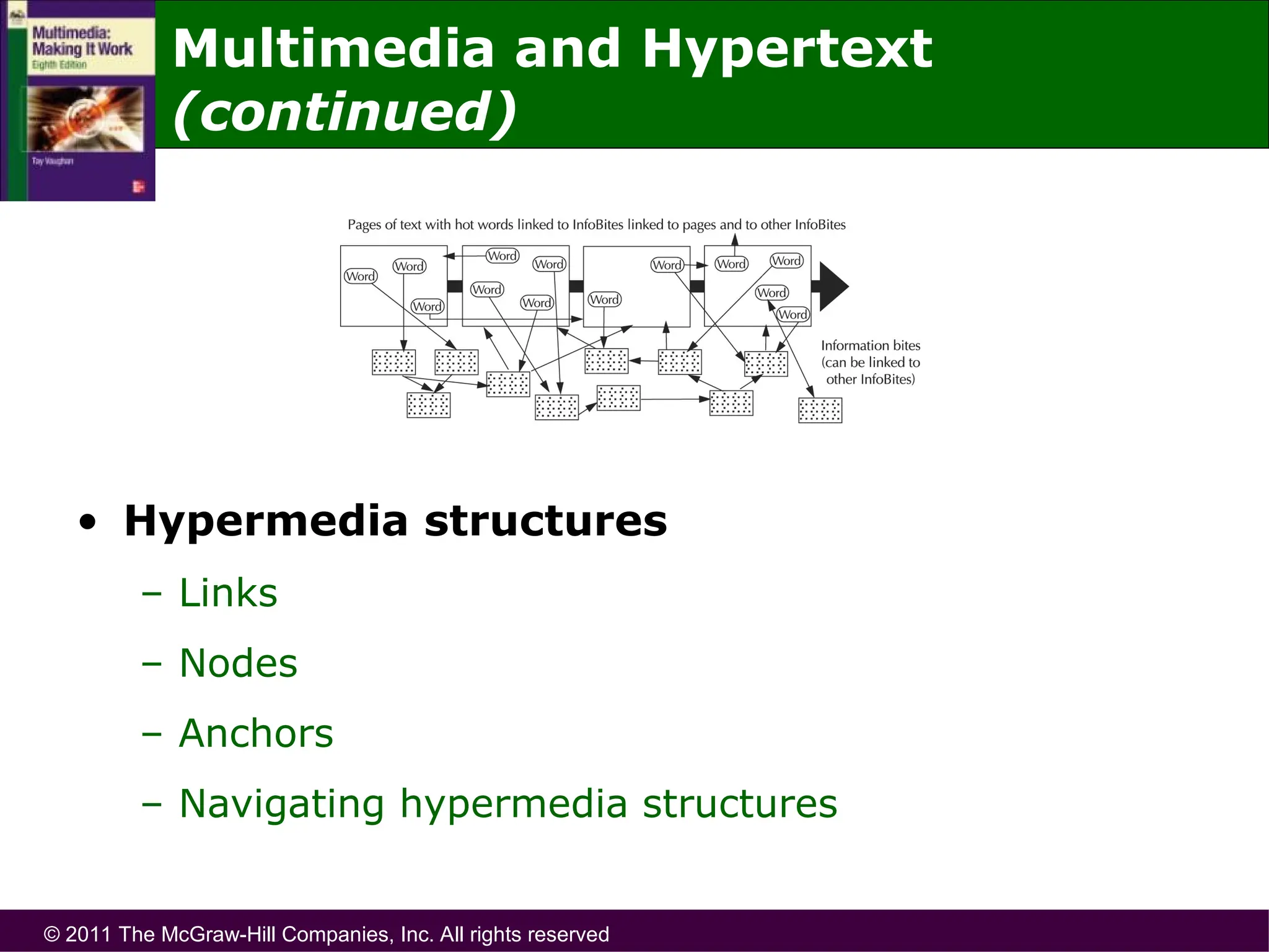 © 2011 The McGraw-Hill Companies, Inc. All rights reserved
• Hypermedia structures
– Links
– Nodes
– Anchors
– Navigating hypermedia structures
Multimedia and Hypertext
(continued)
 