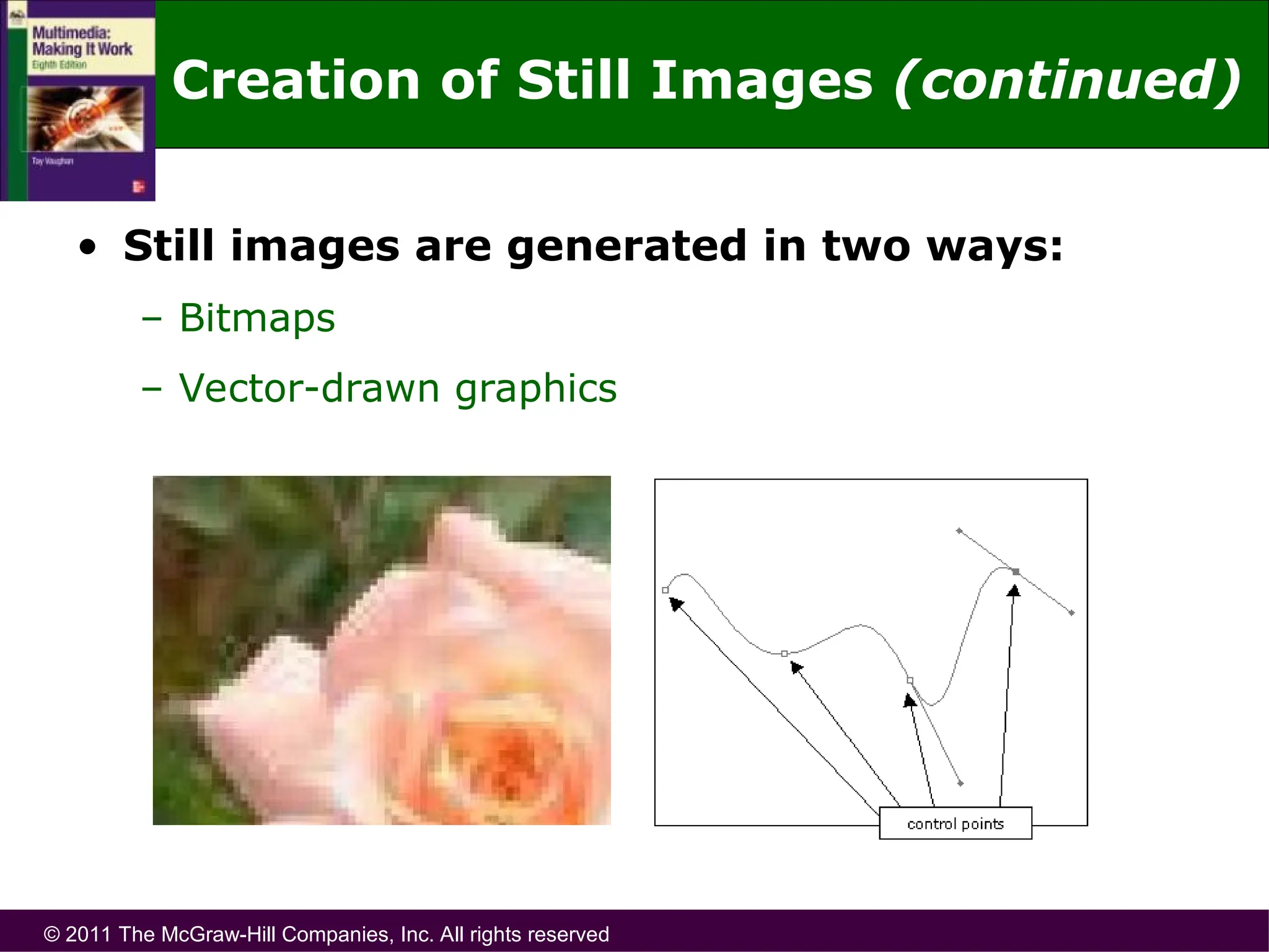 © 2011 The McGraw-Hill Companies, Inc. All rights reserved
• Still images are generated in two ways:
– Bitmaps
– Vector-drawn graphics
Creation of Still Images (continued)
 