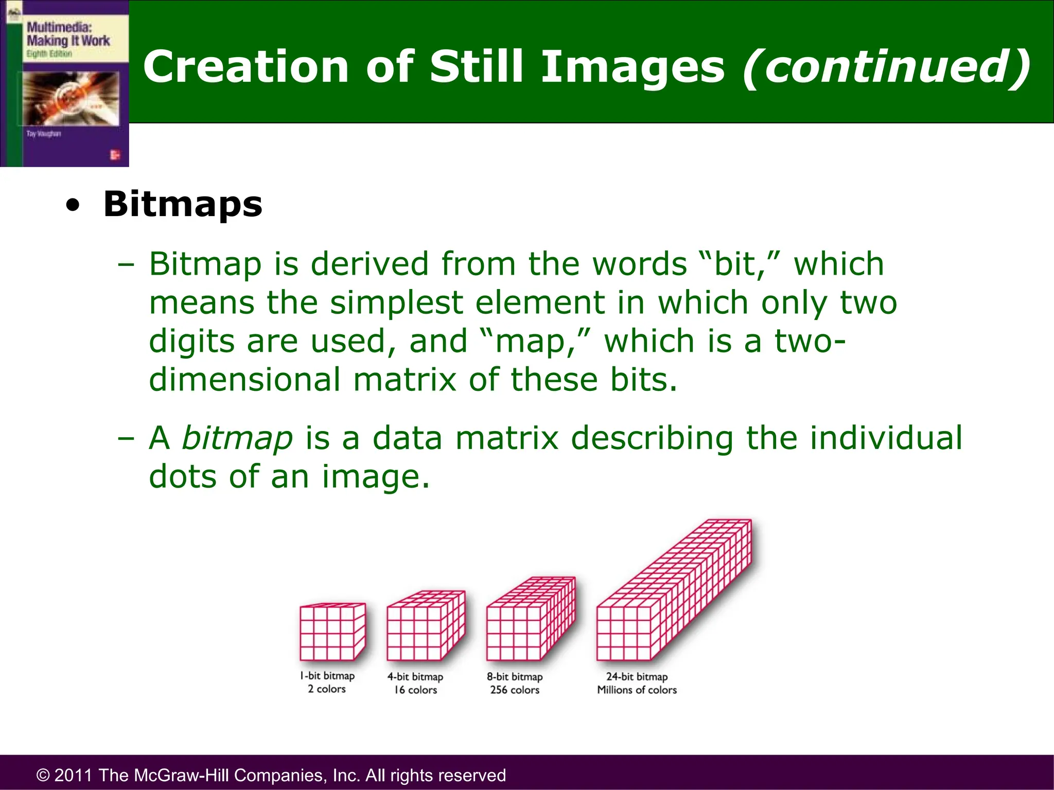 © 2011 The McGraw-Hill Companies, Inc. All rights reserved
• Bitmaps
– Bitmap is derived from the words “bit,” which
means the simplest element in which only two
digits are used, and “map,” which is a two-
dimensional matrix of these bits.
– A bitmap is a data matrix describing the individual
dots of an image.
Creation of Still Images (continued)
 