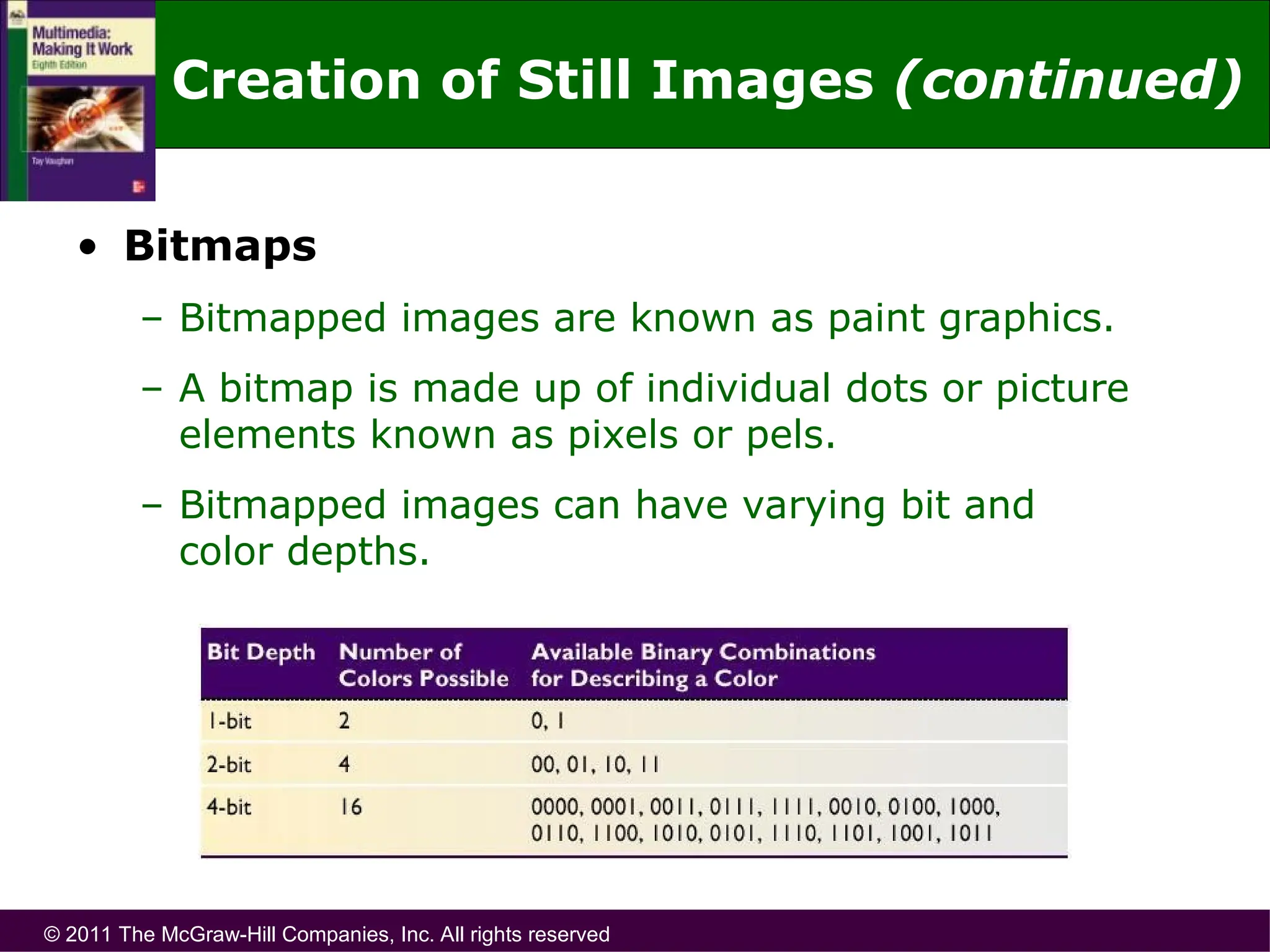 © 2011 The McGraw-Hill Companies, Inc. All rights reserved
• Bitmaps
– Bitmapped images are known as paint graphics.
– A bitmap is made up of individual dots or picture
elements known as pixels or pels.
– Bitmapped images can have varying bit and
color depths.
Creation of Still Images (continued)
 
