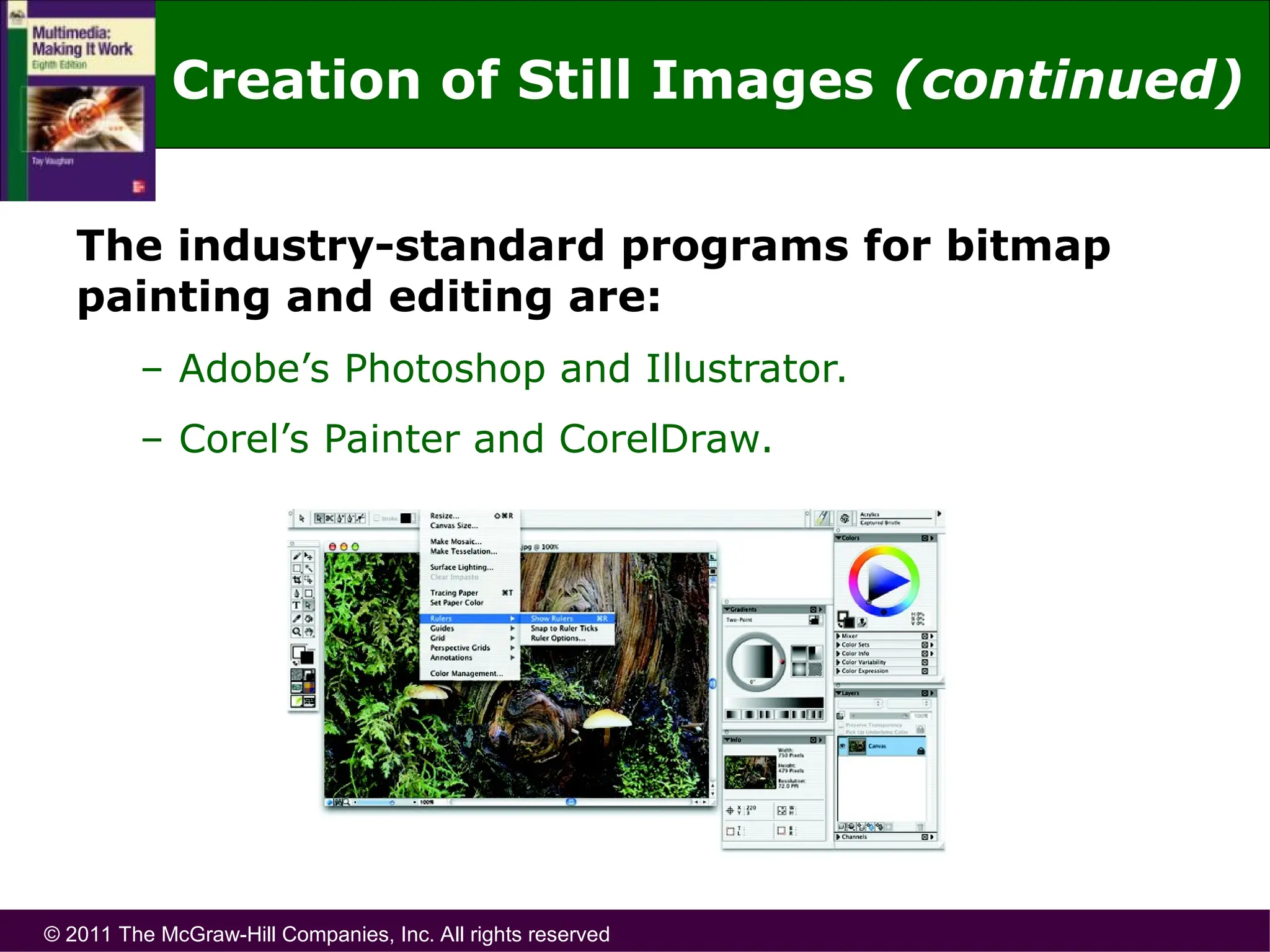 © 2011 The McGraw-Hill Companies, Inc. All rights reserved
The industry-standard programs for bitmap
painting and editing are:
– Adobe’s Photoshop and Illustrator.
– Corel’s Painter and CorelDraw.
Creation of Still Images (continued)
 