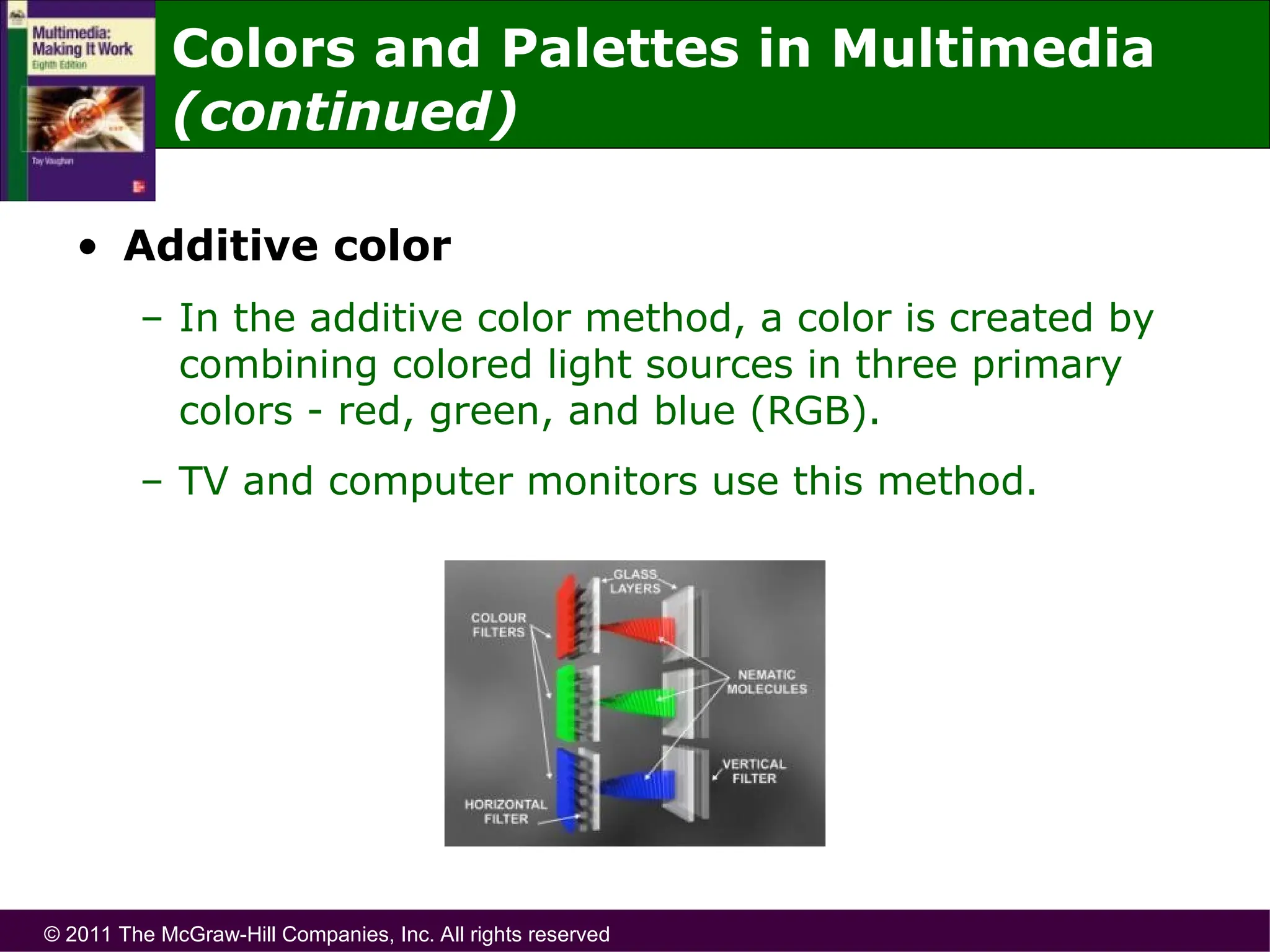 © 2011 The McGraw-Hill Companies, Inc. All rights reserved
• Additive color
– In the additive color method, a color is created by
combining colored light sources in three primary
colors - red, green, and blue (RGB).
– TV and computer monitors use this method.
Colors and Palettes in Multimedia
(continued)
 
