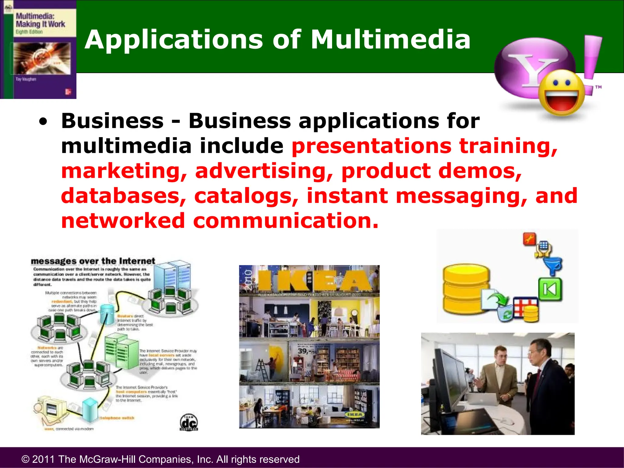 © 2011 The McGraw-Hill Companies, Inc. All rights reserved
Applications of Multimedia
• Business - Business applications for
multimedia include presentations training,
marketing, advertising, product demos,
databases, catalogs, instant messaging, and
networked communication.
 