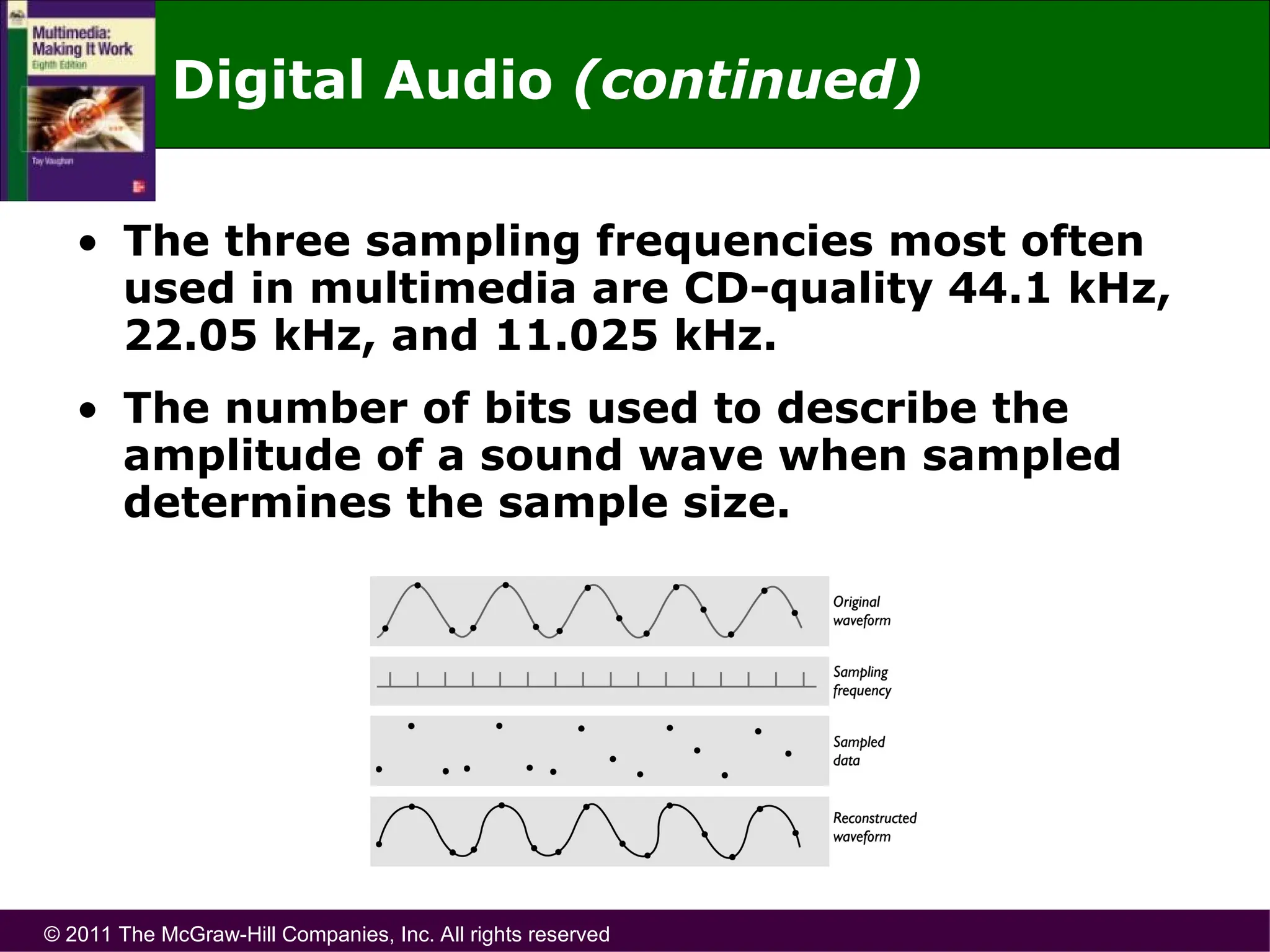 © 2011 The McGraw-Hill Companies, Inc. All rights reserved
Digital Audio (continued)
• The three sampling frequencies most often
used in multimedia are CD-quality 44.1 kHz,
22.05 kHz, and 11.025 kHz.
• The number of bits used to describe the
amplitude of a sound wave when sampled
determines the sample size.
 