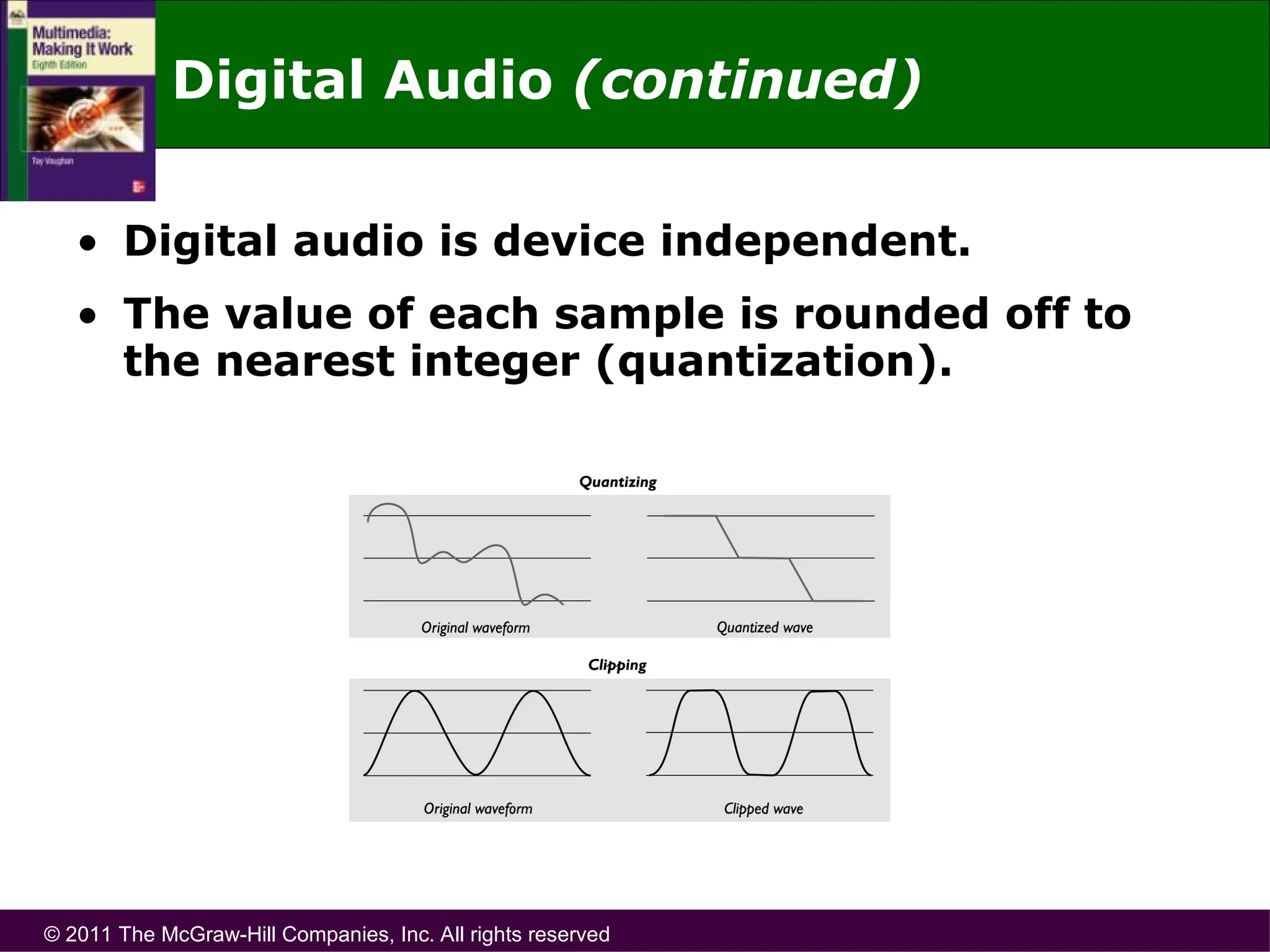 © 2011 The McGraw-Hill Companies, Inc. All rights reserved
• Digital audio is device independent.
• The value of each sample is rounded off to
the nearest integer (quantization).
Digital Audio (continued)
 