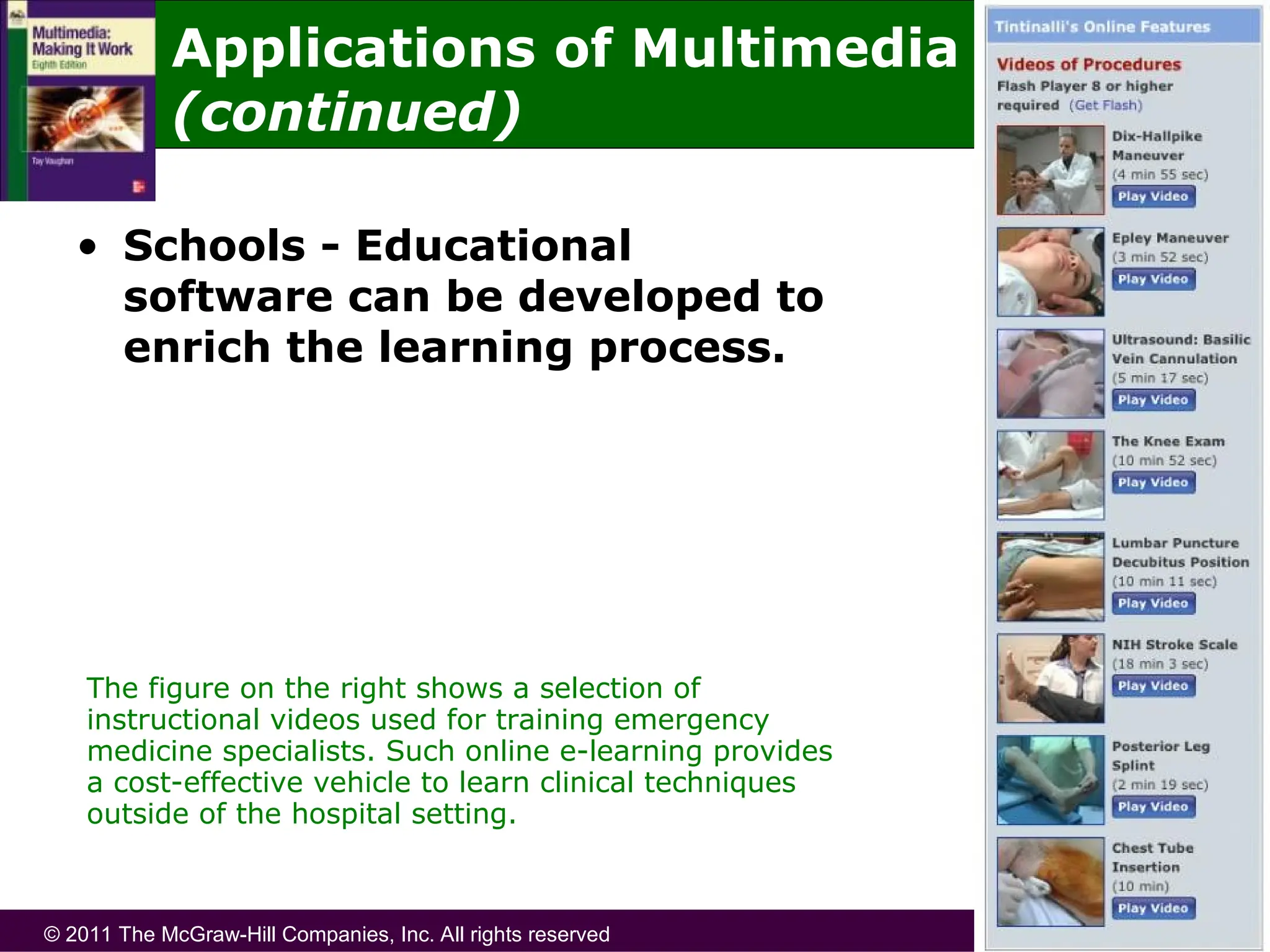 © 2011 The McGraw-Hill Companies, Inc. All rights reserved
Applications of Multimedia
(continued)
• Schools - Educational
software can be developed to
enrich the learning process.
The figure on the right shows a selection of
instructional videos used for training emergency
medicine specialists. Such online e-learning provides
a cost-effective vehicle to learn clinical techniques
outside of the hospital setting.
 
