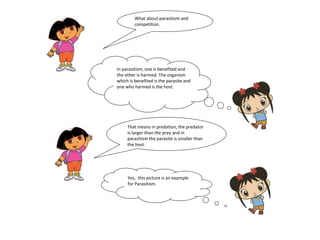 What about parasitism and 
competition. 
In parasitism, one is benefited and 
the other is harmed. The organism 
which is benefited is the parasite and 
one who harmed is the host. 
That means in predation, the predator 
is larger than the prey and in 
parasitism the parasite is smaller than 
the host. 
Yes, this picture is an example 
for Parasitism. 
 