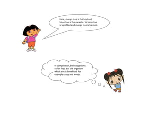 Here, mango tree is the host and 
loranthus is the parasite. So loranthus 
is benifited and mango tree is harmed. 
In competition, both organisms 
suffer first. But the organism 
which win is benefited. For 
example crops and weeds. 
 