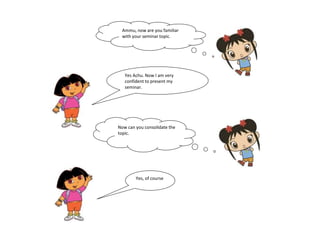 Ammu, now are you familiar 
with your seminar topic. 
Yes Achu. Now I am very 
confident to present my 
seminar. 
Now can you consolidate the 
topic. 
Yes, of course 
 