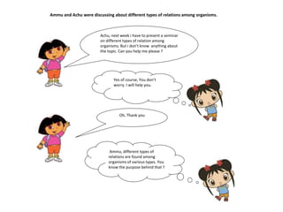 Ammu and Achu were discussing about different types of relations among organisms. 
Achu, next week i have to present a seminar 
on different types of relation among 
organisms. But i don’t know anything about 
the topic. Can you help me please ? 
Yes of course, You don’t 
worry. I will help you. 
Oh, Thank you 
Ammu, different types of 
relations are found among 
organisms of various types. You 
know the purpose behind that ? 
 