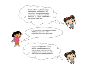 The interactions may be of two types 
interspecific or intraspecific. If the 
interaction is among the individual of 
same species it is called intraspecific 
interaction. So, can you explain what is 
interspecific interaction? 
. 
If the interaction is among the individuals 
of different species, it is called 
interspecific interaction. Am I right? 
Yes, you are right. On the basis of 
benefits and harmful effects of 
organisms, the interactions can be 
categorized in to two namely positive 
interaction and negative interaction. 
 