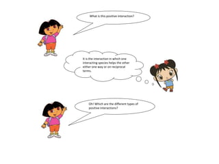 What is this positive interaction? 
It is the interaction in which one 
interacting species helps the other 
either one way or on reciprocal 
terms. 
Oh! Which are the different types of 
positive interactions? 
 