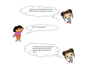Mutualism and commensalism are the 
different types of positive interactions. 
What is this Mutualism? 
I will show you a video, you should 
observe that and try to find out 
how the organisms helps each 
other ? 
 
