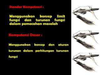 Standar Kompetensi :

Menggunakan konsep limit
fungsi dan turunan fungsi
dalam pemecahan masalah

Kompetensi Dasar :

Menggunakan   konsep   dan   aturan
turunan dalam perhitungan turunan
fungsi
 