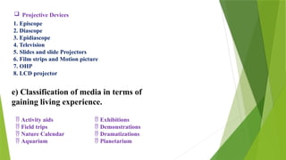  Projective Devices
1. Episcope
2. Diascope
3. Epidiascope
4. Television
5. Slides and slide Projectors
6. Film strips and Motion picture
7. OHP
8. LCD projector
e) Classification of media in terms of
gaining living experience.
 Activity aids
 Field trips
 Nature Calendar
 Aquarium
 Exhibitions
 Demonstrations
 Dramatizations
 Planetarium
 