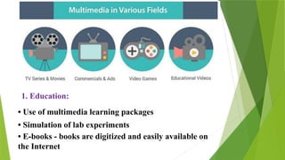 1. Education:
• Use of multimedia learning packages
• Simulation of lab experiments
• E-books - books are digitized and easily available on
the Internet
 