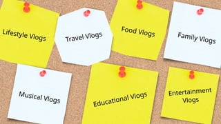 Food Vlogs Family Vlogs
Lifestyle Vlogs Travel Vlogs
Educational Vlogs
Musical Vlogs
Entertainment
Vlogs
 