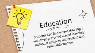 Education
Students can find videos that align
with their preferred way of learning,
making it easier to understand and
retain information.
 