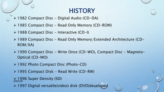 HISTORY
 1982 Compact Disc - Digital Audio (CD-DA)
 1985 Compact Disc - Read Only Memory (CD-ROM)
 1988 Compact Disc - Interactive (CD-I)
 1989 Compact Disc - Read Only Memory/Extended Architecture (CD-
ROM/XA)
 1990 Compact Disc - Write Once (CD-WO), Compact Disc - Magneto-
Optical (CD-MO)
 1992 Photo Compact Disc (Photo-CD)
 1995 Compact Disk - Read Write (CD-RW)
 1996 Super Density (SD)
 1997 Digital versatile(video) disk (DVD)developed
690328
 