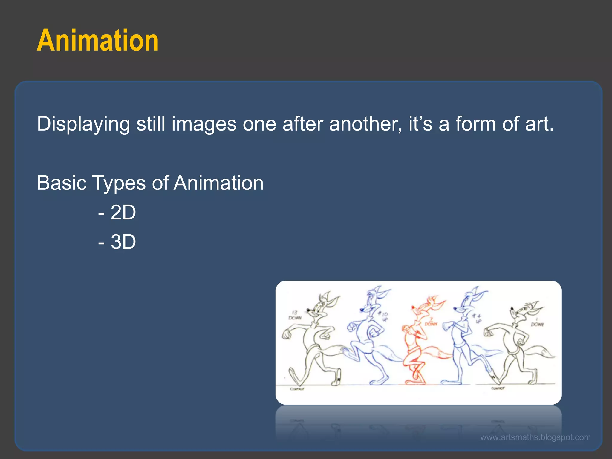 Animation Displaying still images one after another, it’s a form of art. Basic Types of Animation - 2D  - 3D  