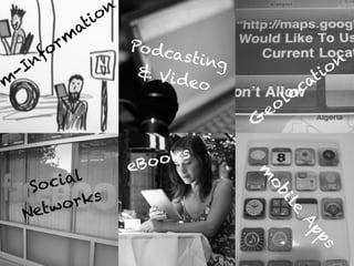 Step towards digital
lecture room
m
-Inform
ation
G
eolocation
Social  
Networks
eBooks
m
obile
Apps
Podcasting  & Video
 