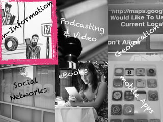 Step towards digital
lecture room
m
-Inform
ation
G
eolocation
Social  
Networks
eBooks
m
obile
Apps
Podcasting  & Video
 